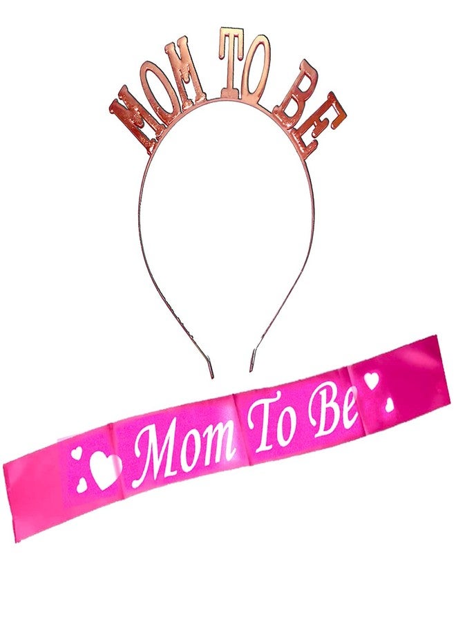 بروبسيكل طقم مكون من قطعتين: وشاح وردي وتاج ذهبي وردي للأم الحامل، مصنوع من الساتان، بتصميم مستوحى من حفلات استقبال المولود الجديد. مثالي لجلسات تصوير الحمل. - Image 1